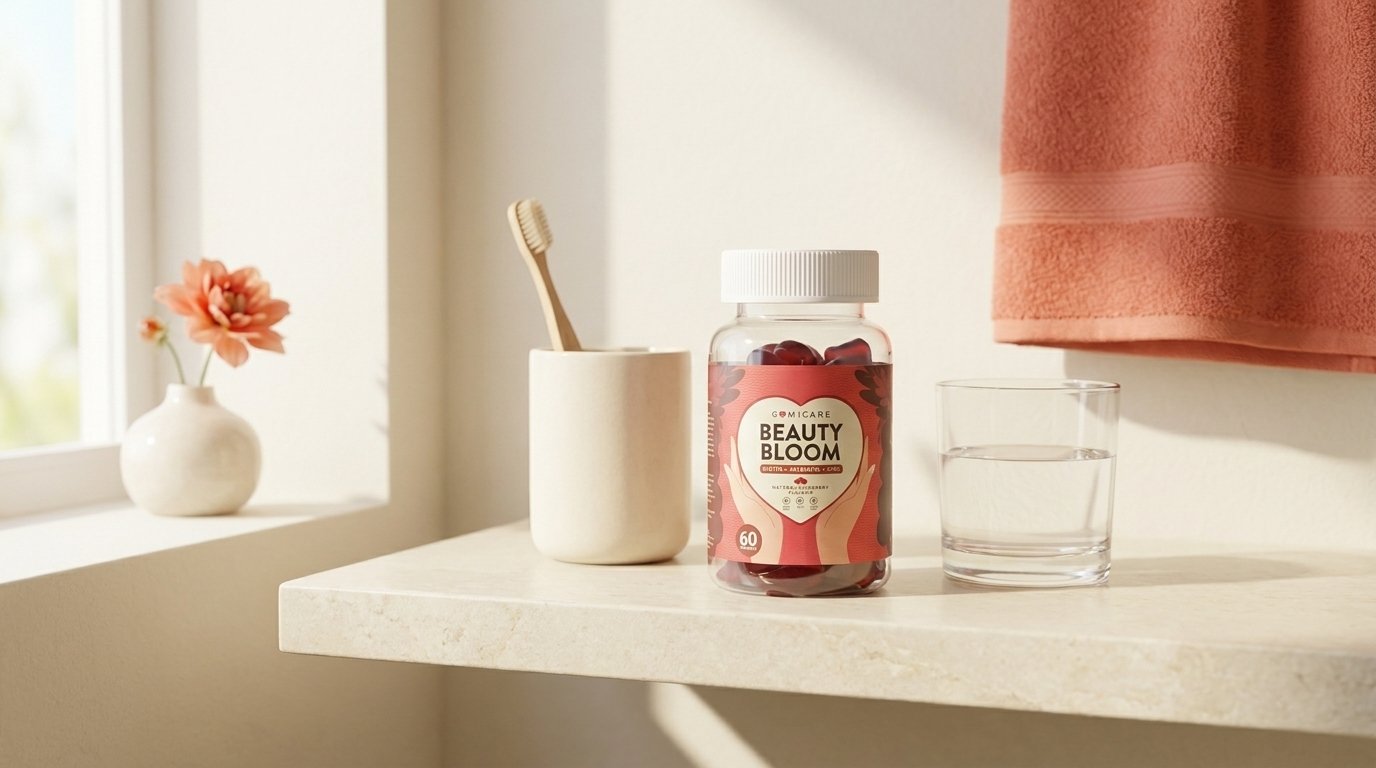 Bote de Beauty Bloom y un vaso de agua en la balda del baño