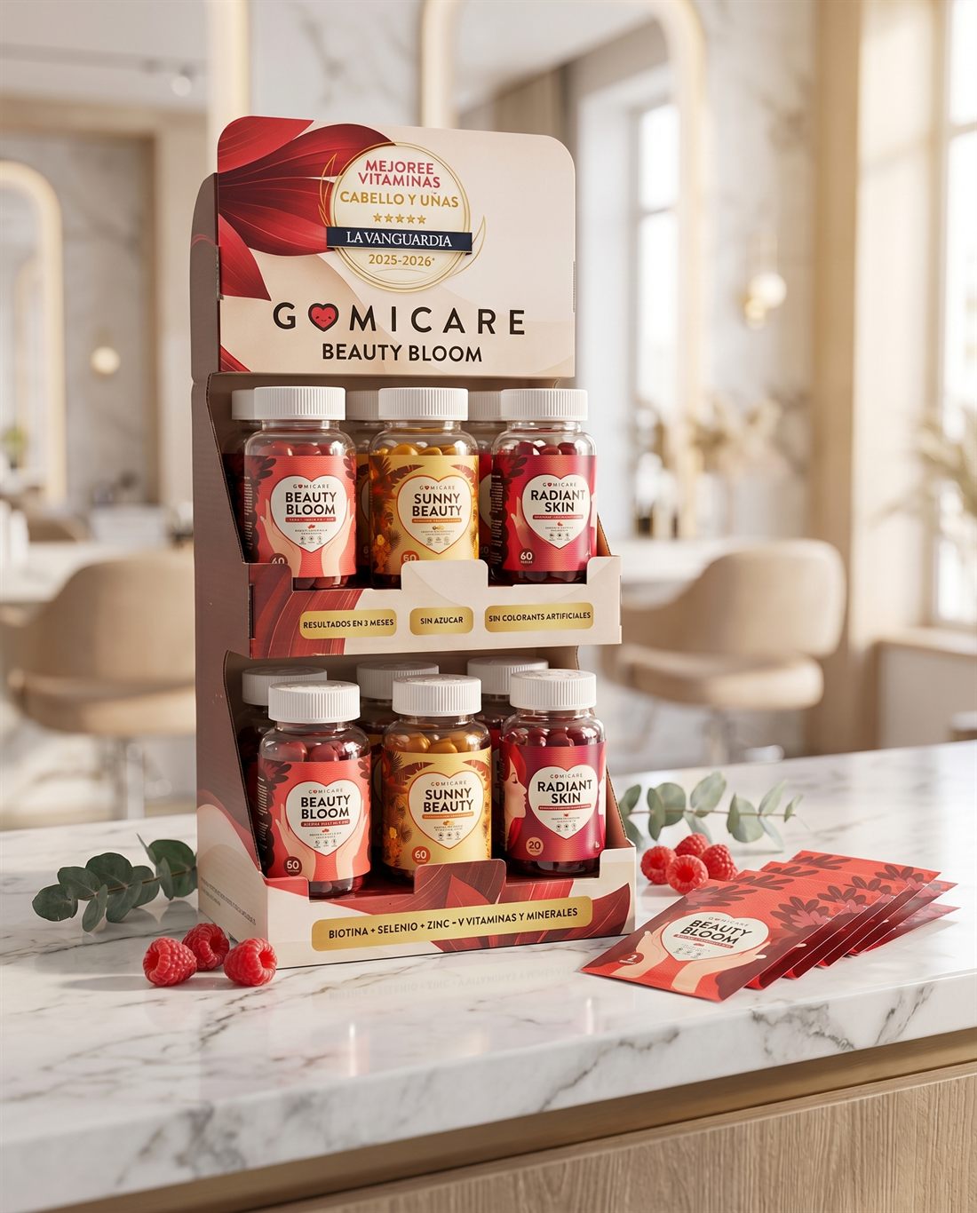 Expositor de marca Gomicare Beauty Bloom con el sello La Vanguardia